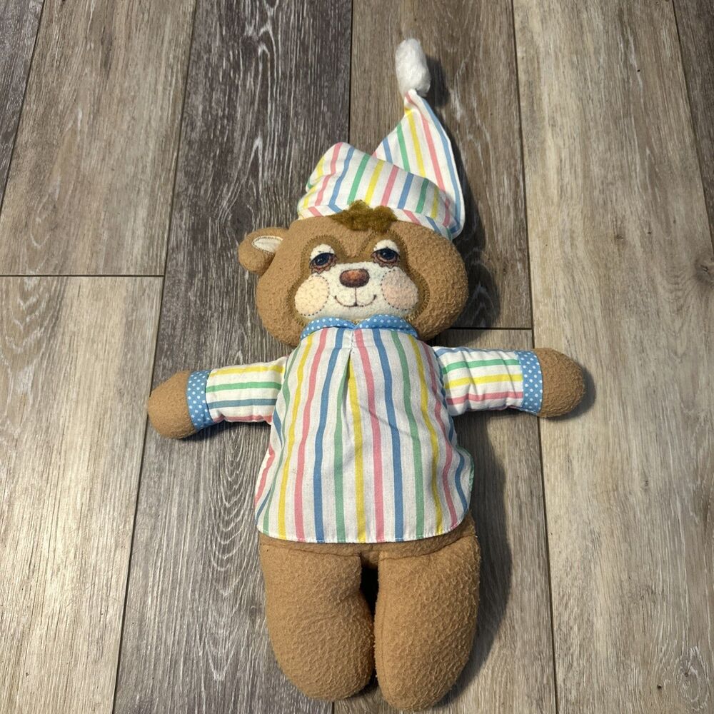 Vintage Fisher Price Quaker Oats Teddy Beddy Bear Striped Pajamas Plush Rattle